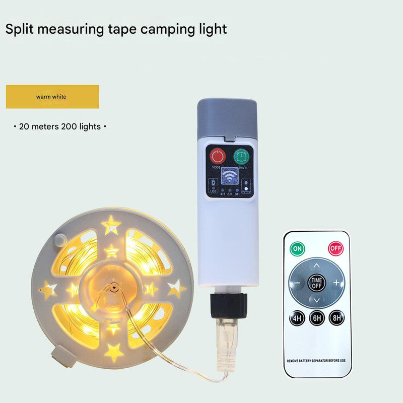 (200 lights warm white at 20 meters) Camping tent light kit - rechargeable power bank, spool light string, remote control