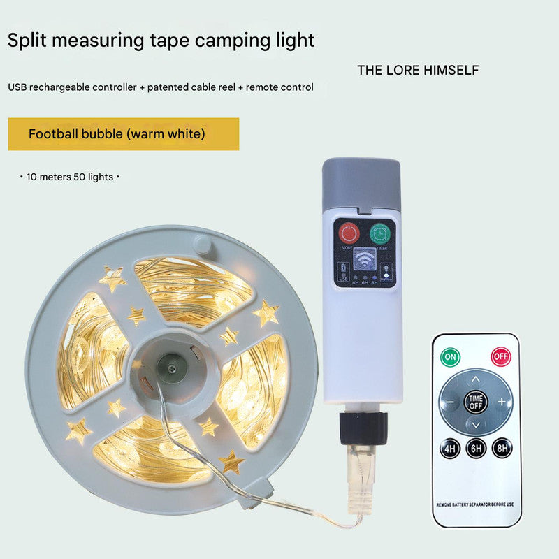 (Rugby 10m 50 lights warm white) Camping tent light kit - rechargeable power supply, spool light string, remote control