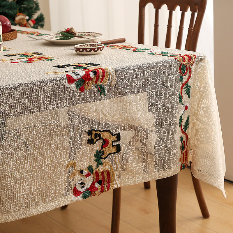 Embroidered Christmas Tablecloth - Embroidered Santa Claus, Reindeer (140*140cm)