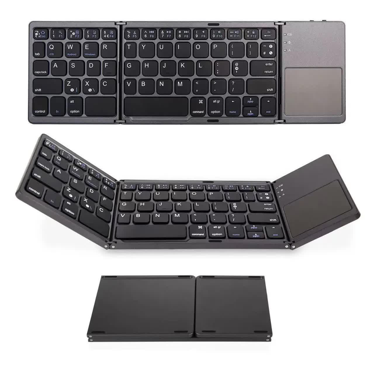 Black Tri-Fold Bluetooth Keyboard with Touchpad - Multi-Device Compatible (iOS/Android/Win)