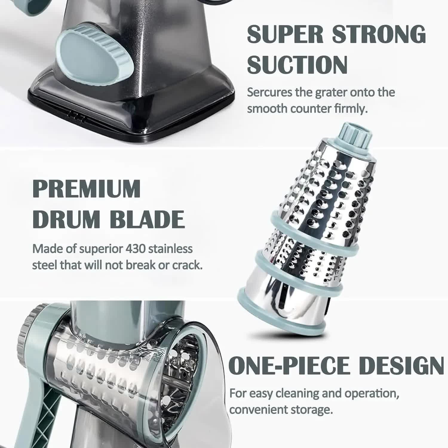 White Rotary Cheese Grater & Vegetable Slicer - Manual Shredder with 3 Interchangeable Drums