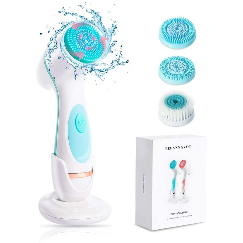 Blue Waterproof Facial Cleansing Spin Brush Set - Rechargeable with 3 Heads & Charging Stand