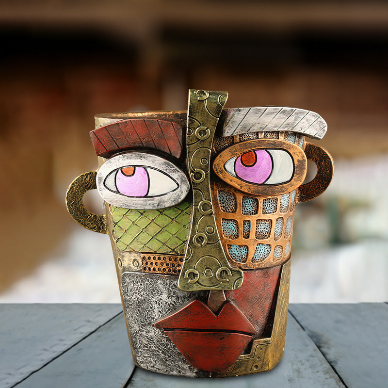 Abstract Face Planter Pot - Artistic Resin Decor for Succulents & Plants (Antique Style - 18.5*18*15CM)