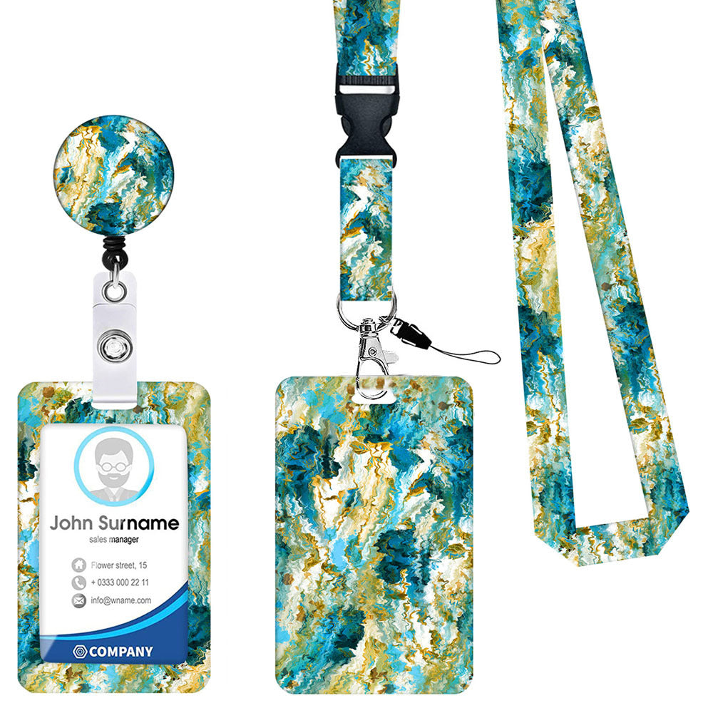 2-pcs Retractable ID Badge Reel Lanyard Set with Vertical Hard Plastic Card Holder - Blue rock patterns (Style 3)