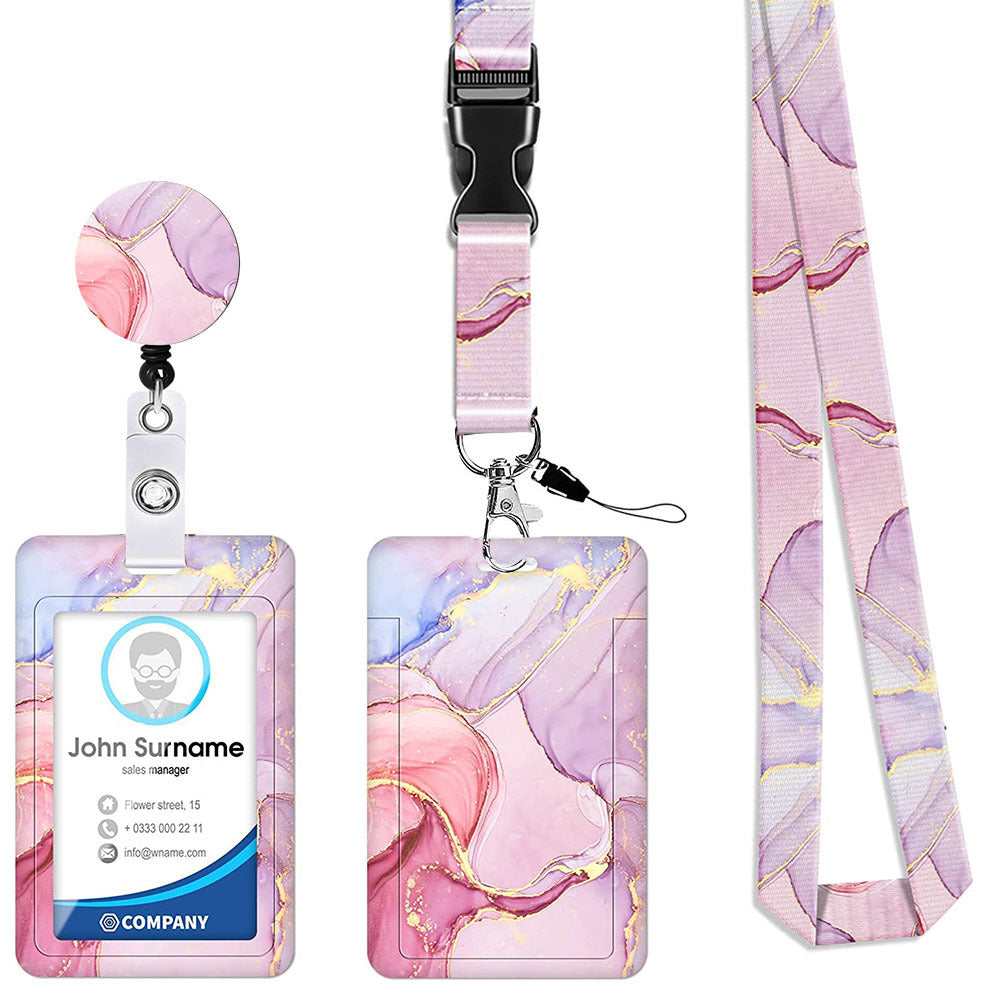 2-pcs Retractable ID Badge Reel Lanyard Set with Vertical Hard Plastic Card Holder - Pink marble patterns (Style 6)