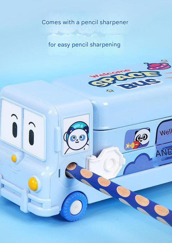2-pcs Pink Fun School Bus Pencil Box with Built-in Sharpener - 3 Layer Large Capacity Stationery Box for Kids
