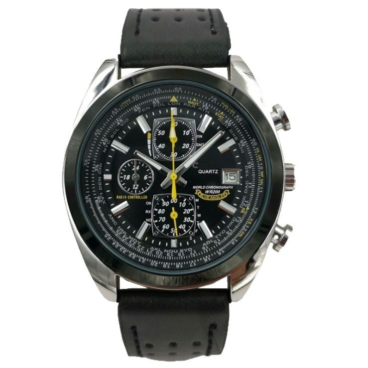 Leather Strap Black Dial Elegant Men's Quartz Chronograph Watch with 42mm Case and Perpetual Calendar