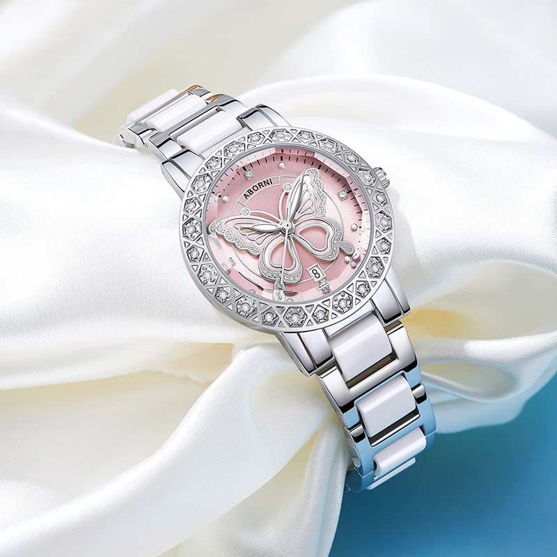 Women's Butterfly Quartz Watch with Ceramic Steel Strap and Luminous Hands (Silver shell powder surface steel belt)