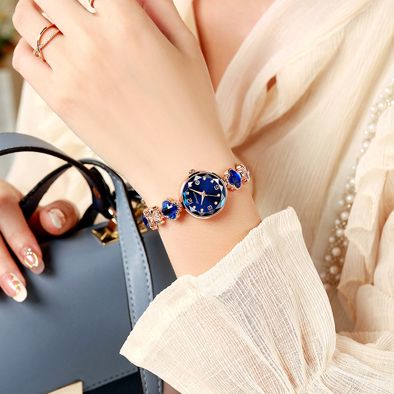 Blue Women's Four-Leaf Clover Quartz Watch with Red Dial and Crystal Accents