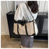 Black Contrast Color Women's Travel Bag - Canvas & PU Leather Trim Luggage (43x27x19cm)