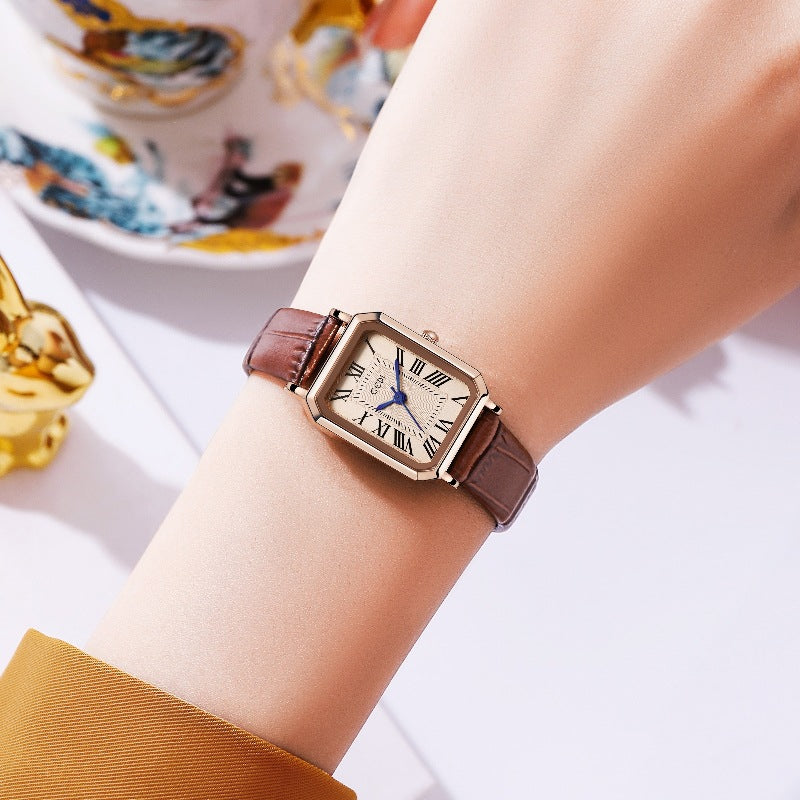 Rose gold shell lotus root plate coffee belt Ladies Quartz Watch - Classic Rectangular, Leather Band