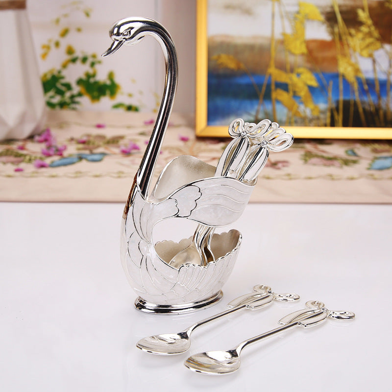Elegant Swan Base Spoon Holder Set with 6 Coffee/Dessert Spoons(Silver spoon)