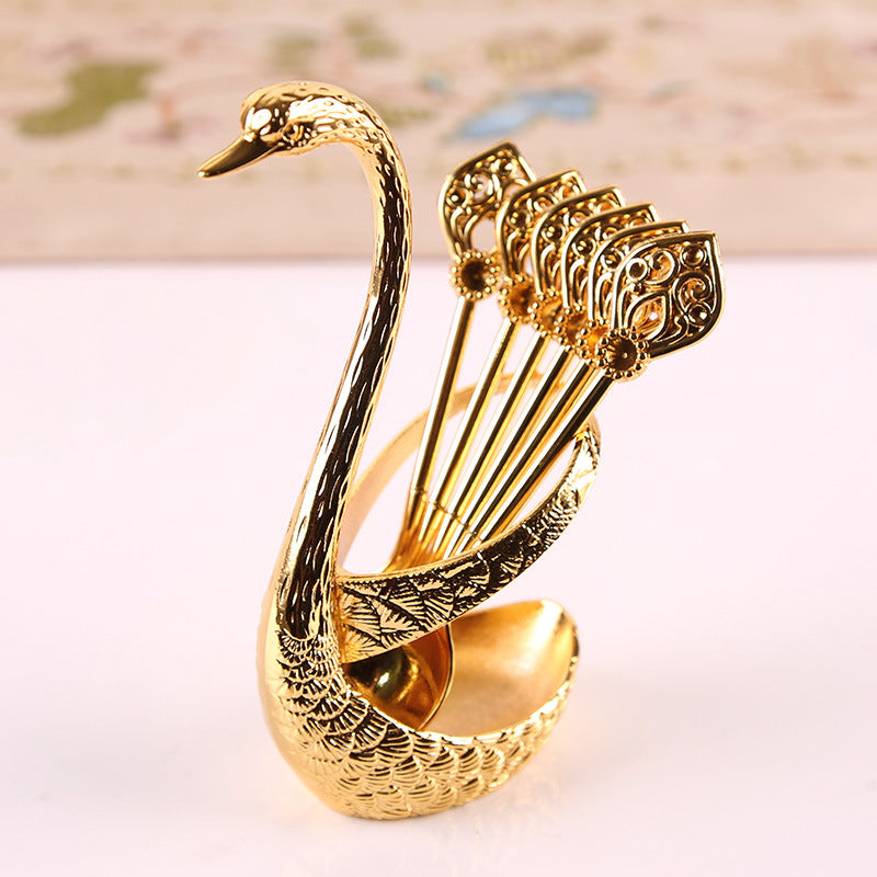 Gold Elegant Swan Cutlery Holder Set with 6 Dessert Spoons