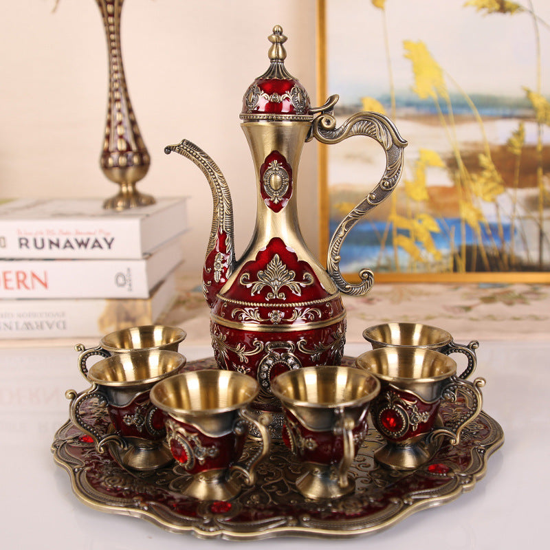 Elegant Gold Metal Serving Set - Decanter, 6 Cups, Tray (Copper+Red)