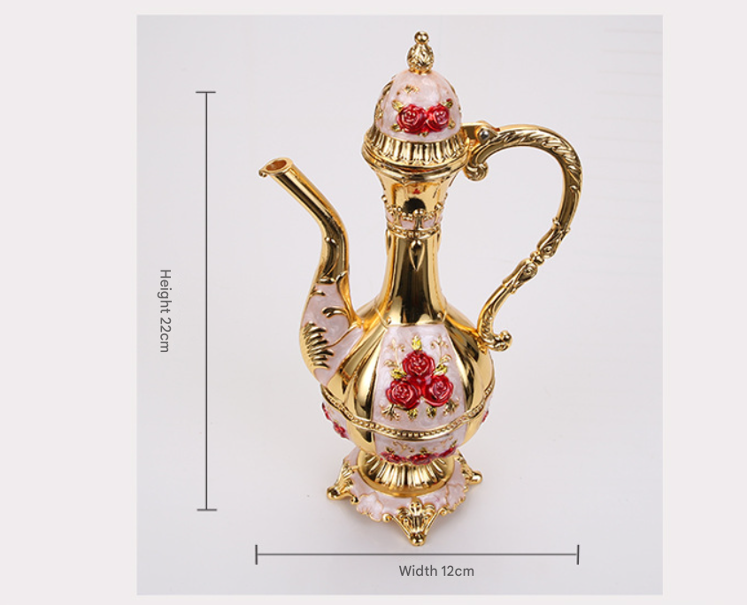 Vintage Palace Style Liquor Serving Set - Metal Pot, 6 Cups & Tray (Golden Red)