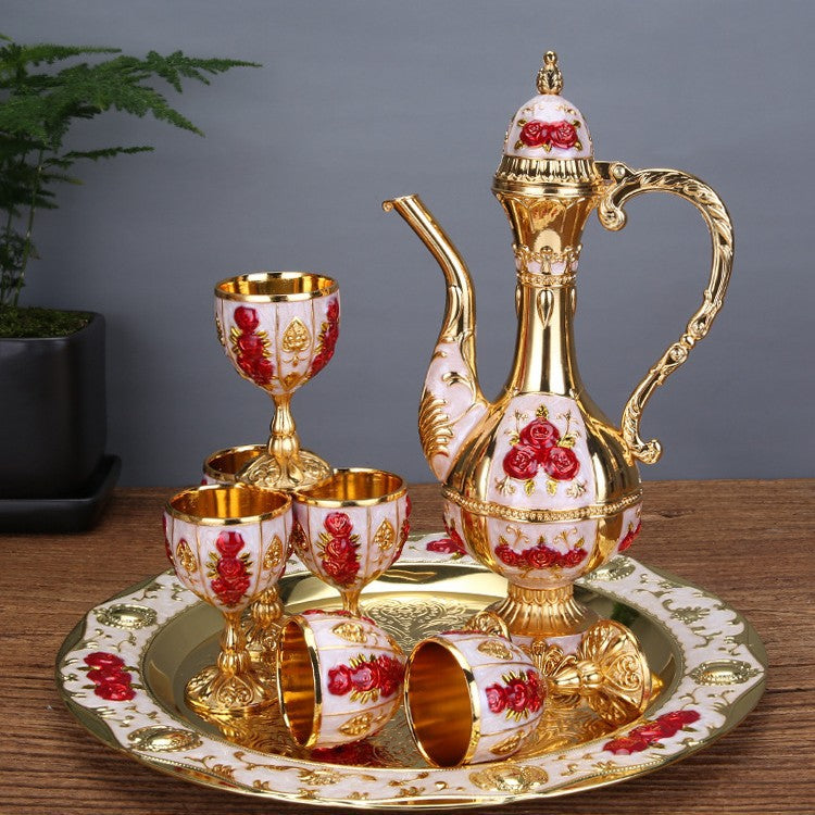 Vintage Palace Style Liquor Serving Set - Metal Pot, 6 Cups & Tray (White gold red rose)