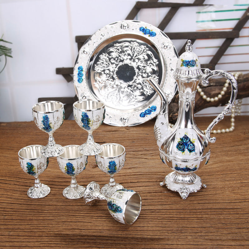 Vintage Palace Style Liquor Serving Set - Metal Pot, 6 Cups & Tray (Silvery blue rose)