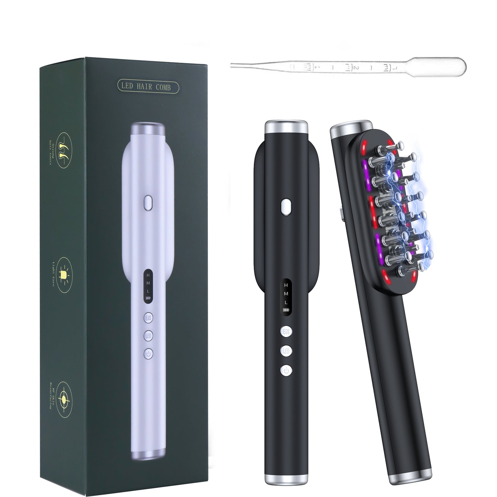 Black Vibrating Scalp Massager Comb - LED Therapy & Oil Infuser for Hair Growth