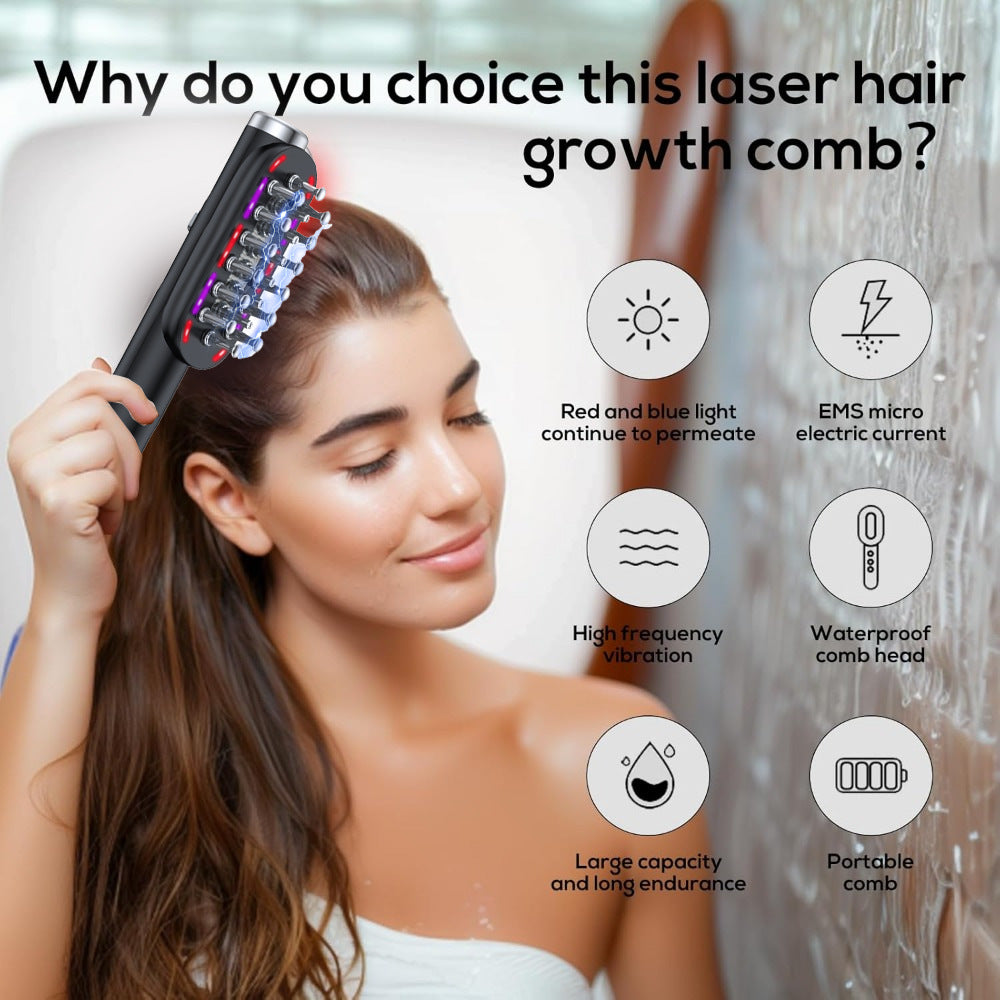 Black Vibrating Scalp Massager Comb - LED Therapy & Oil Infuser for Hair Growth