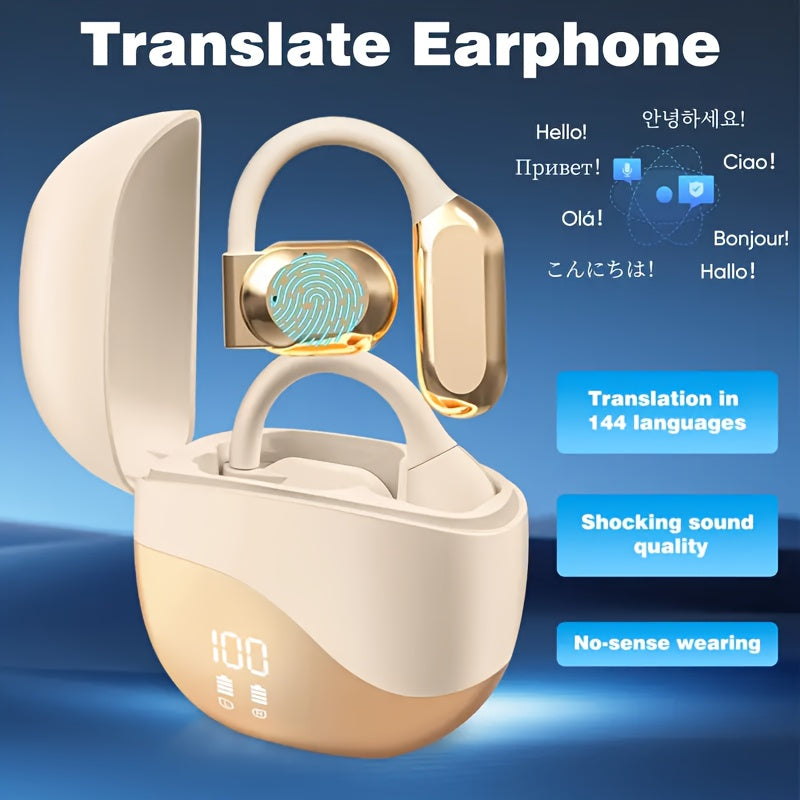 Beige Comfortable Open-Ear Bluetooth Headset - Real-Time Translation, LED Display