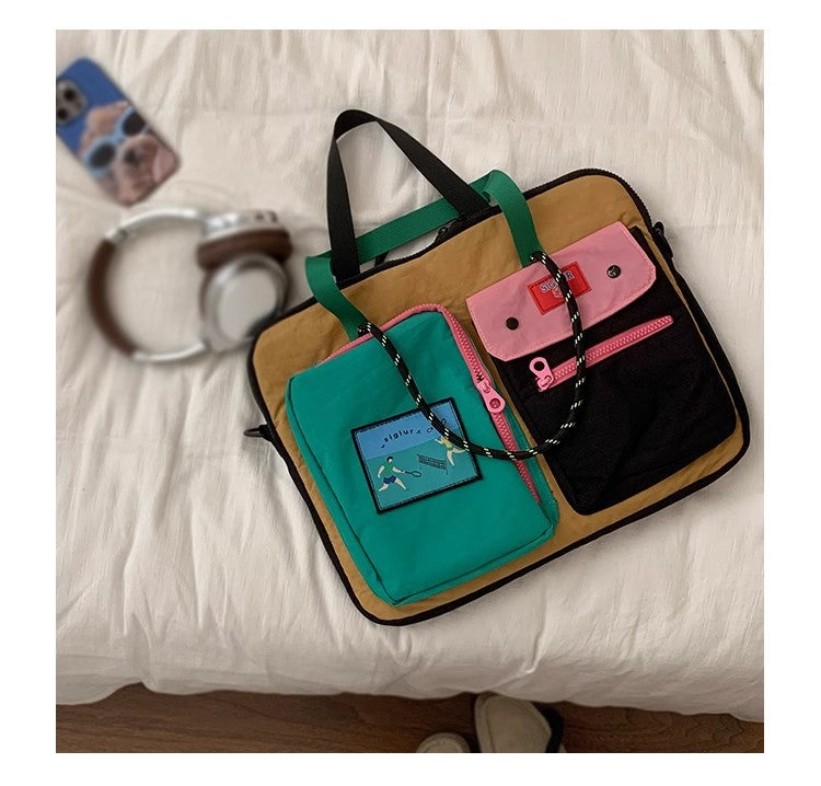 Black Color Block Canvas Laptop Tote Bag - Funky Multi-Pocket Design for Women (37*31*3cm)