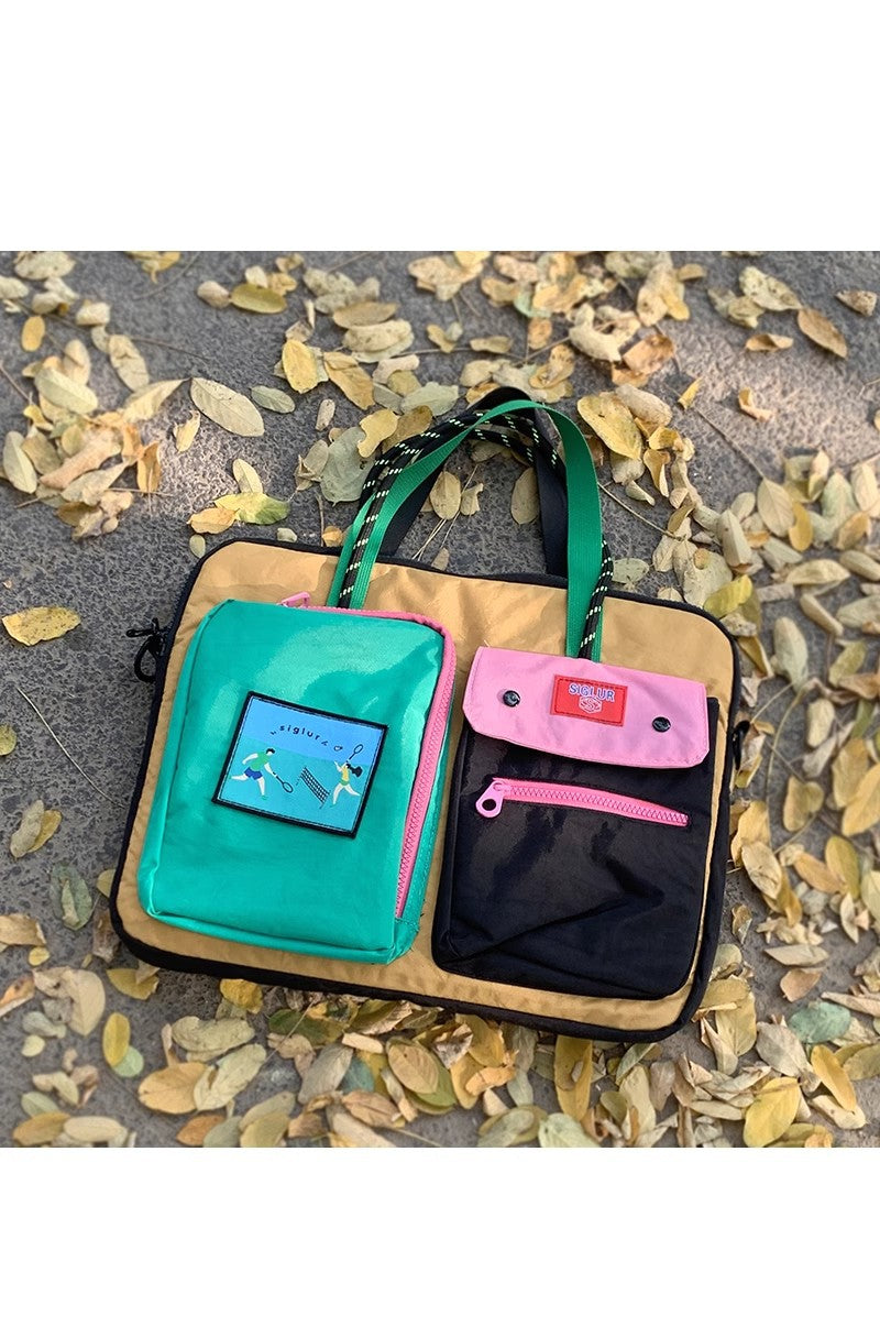 Black Color Block Canvas Laptop Tote Bag - Funky Multi-Pocket Design for Women (37*31*3cm)