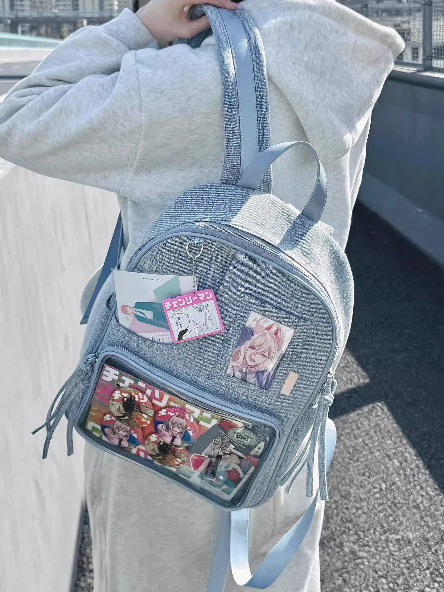 Light blue Large Capacity Anime Denim Bookbag for School Commute  Anime Fans