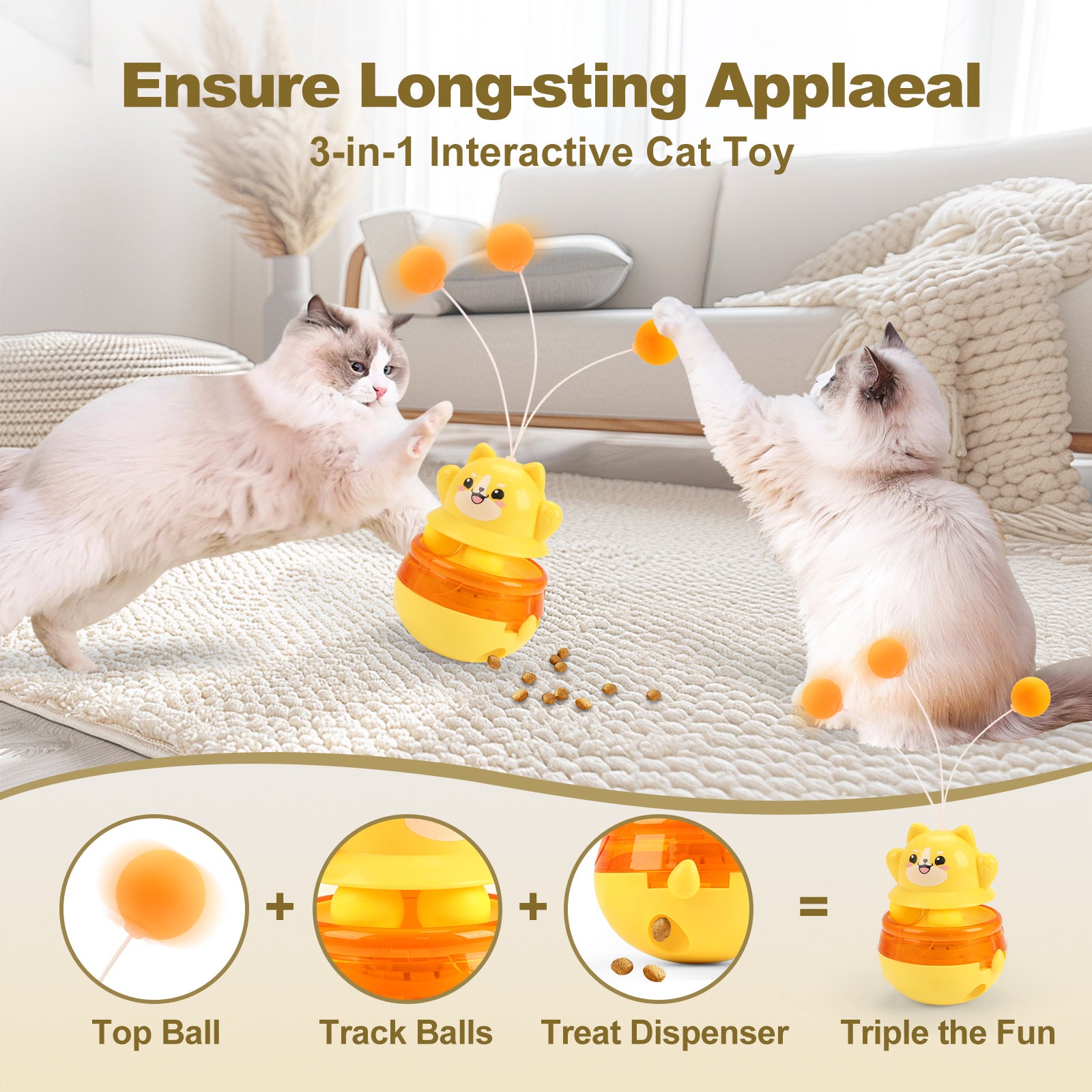 Pink 3-in-1 Interactive Cat Toy - Tumbler, Treat Dispenser, Track & Teaser Ball