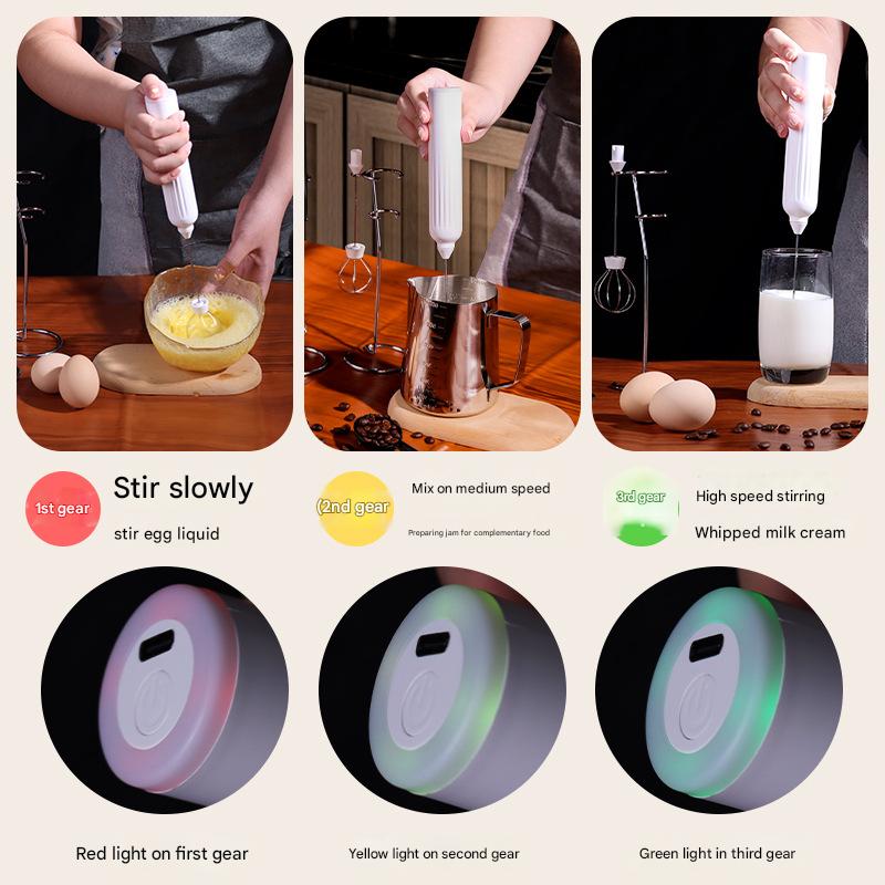 White USB Rechargeable Milk Frother - 3-Speed Handheld Electric Whisk with Stand