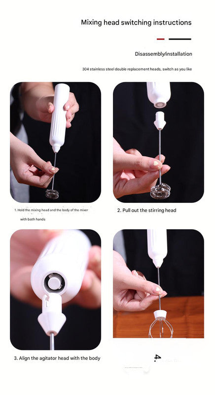 White USB Rechargeable Milk Frother - 3-Speed Handheld Electric Whisk with Stand