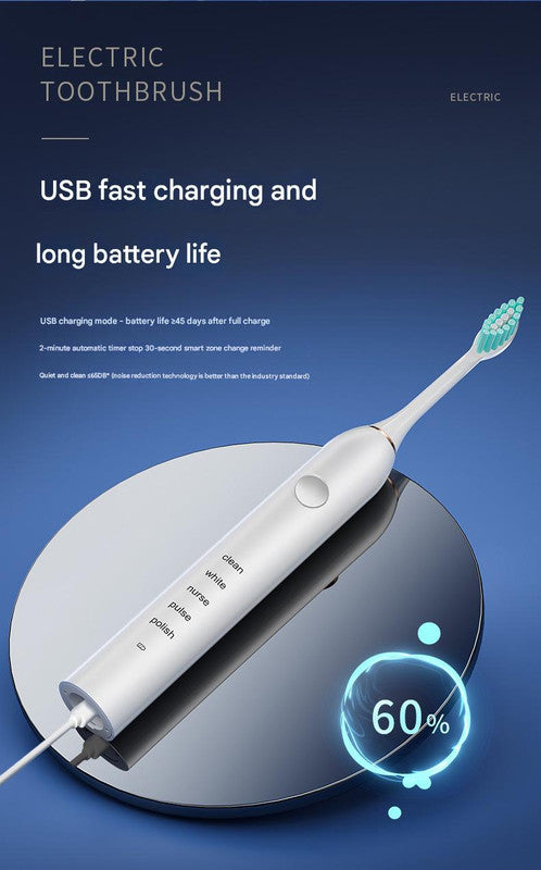 Advanced Sonic Toothbrush: 5 Cleaning Modes, 2-Min Timer, USB Fast Charge, Purple (4 brush heads)