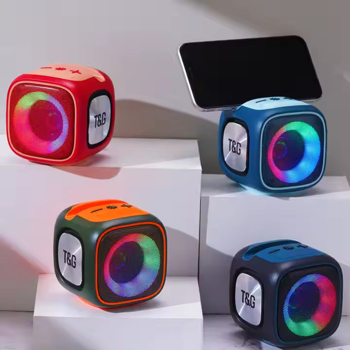Black T&G Portable Cube Bluetooth Speaker - RGB Lights, FM Radio, Multi-Input Sound System