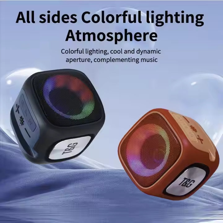 Black T&G Portable Cube Bluetooth Speaker - RGB Lights, FM Radio, Multi-Input Sound System