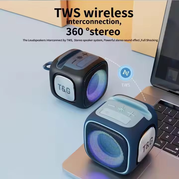 Black T&G Portable Cube Bluetooth Speaker - RGB Lights, FM Radio, Multi-Input Sound System
