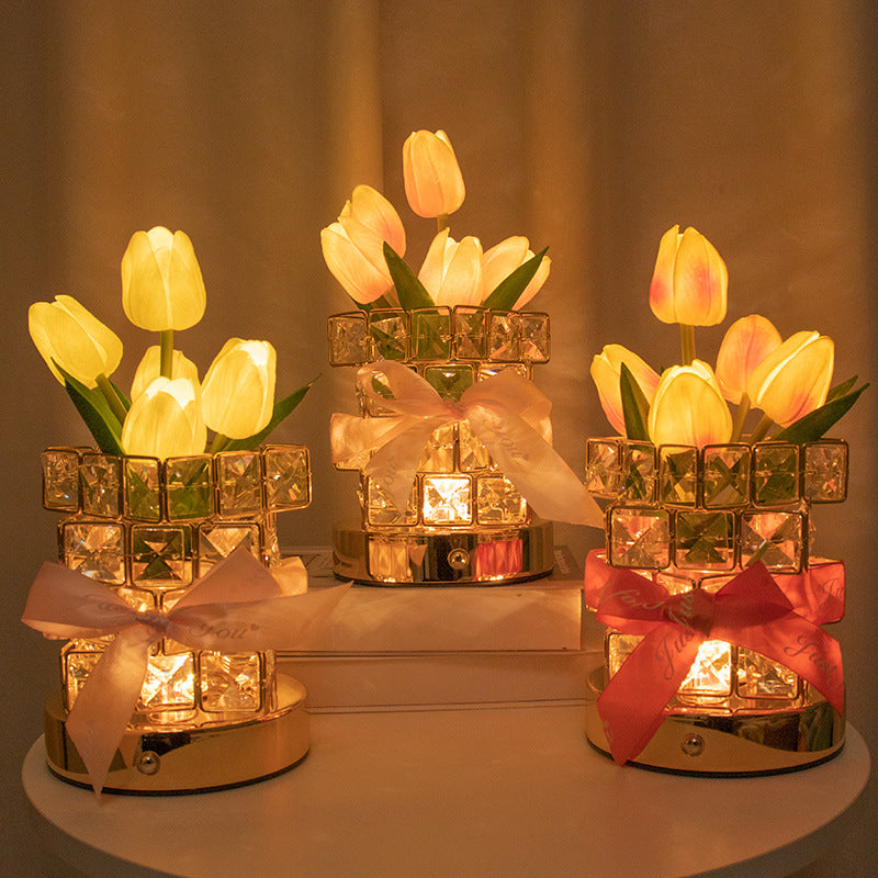 Yellow Elegant Crystal Tulip LED Night Light - Rechargeable Touch Lamp with 3 Colors & Dimming