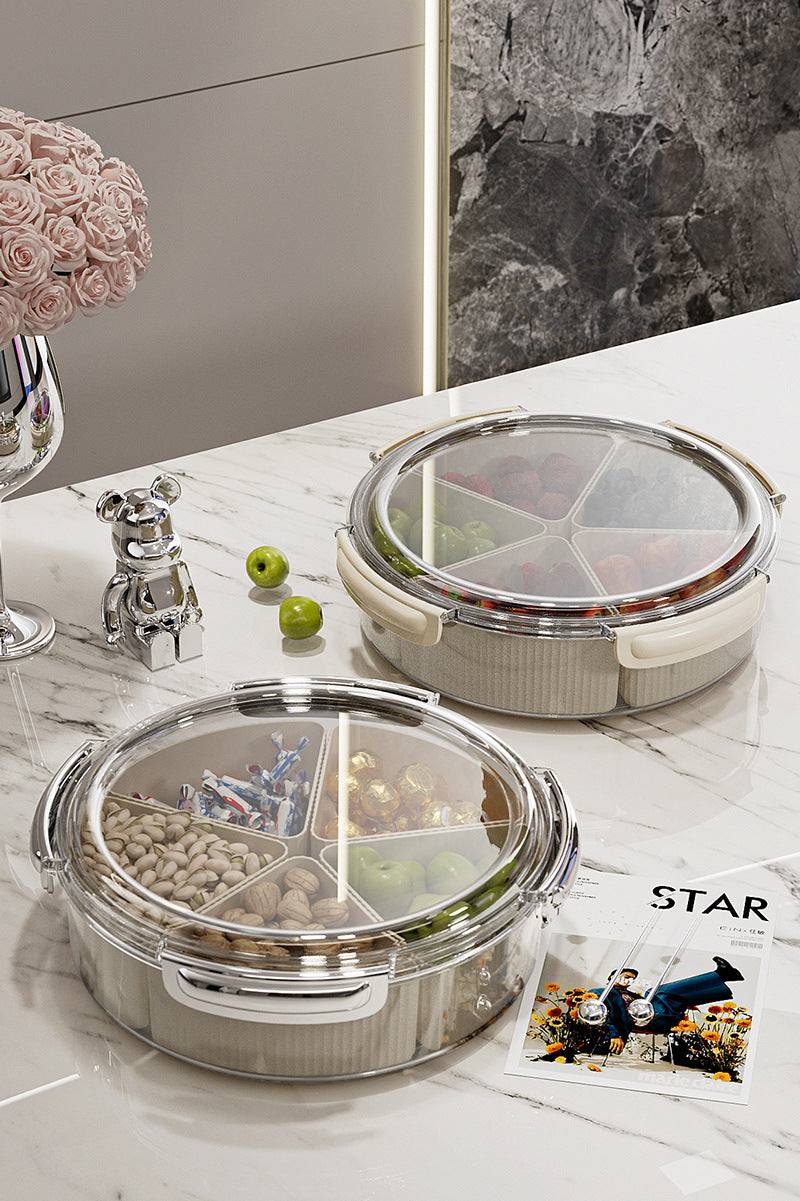 Beige And Beige Snap Button Elegant Compartment Serving Tray with Lid - Versatile Snack, Fruit & Candy Box