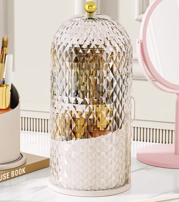 White Elegant 360 Rotating Makeup Brush Holder & Cosmetic Organizer with Dustproof Dome Lid(Makeup is a prop for shooting and is not included)