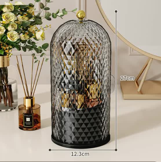 Black Elegant 360 Rotating Makeup Brush Holder & Cosmetic Organizer with Dustproof Dome Lid(Makeup is a prop for shooting and is not included)