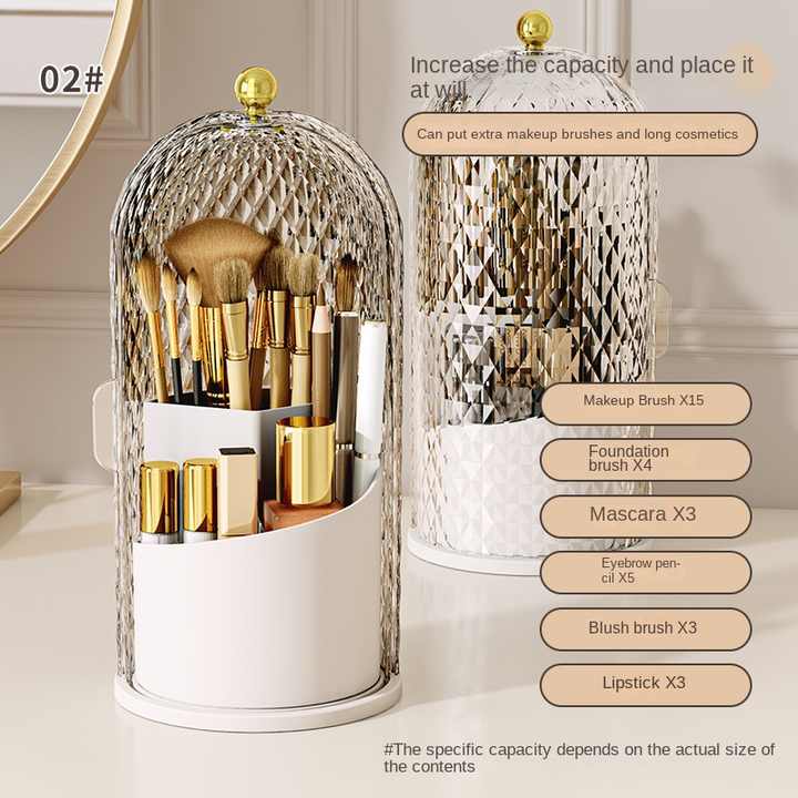 Black Elegant 360 Rotating Makeup Brush Holder & Cosmetic Organizer with Dustproof Dome Lid(Makeup is a prop for shooting and is not included)