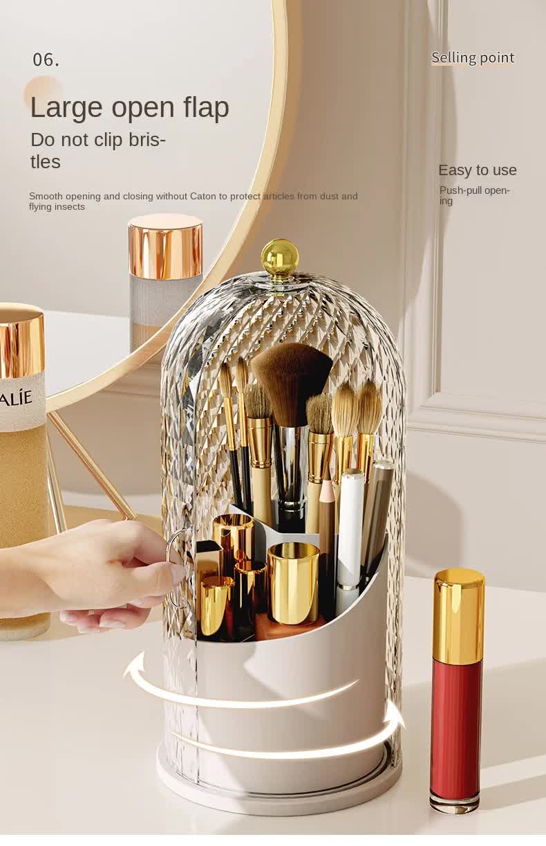 Black Elegant 360 Rotating Makeup Brush Holder & Cosmetic Organizer with Dustproof Dome Lid(Makeup is a prop for shooting and is not included)