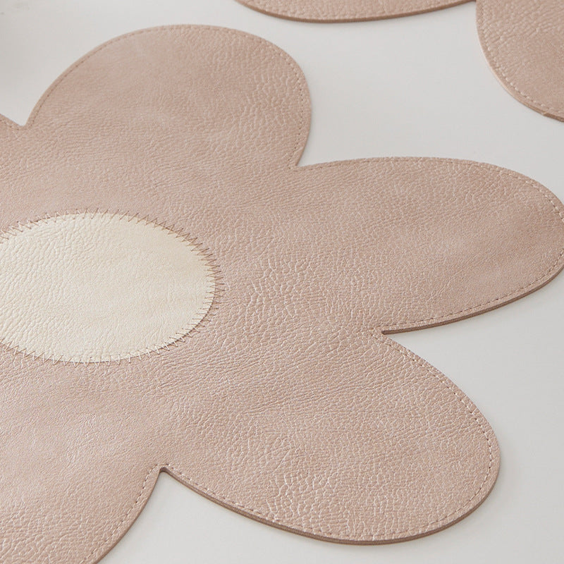 White Background With Yellow Heart + Blue Heart Set of 6 Reversible Flower Shaped Placemats - Waterproof PU Leather Dining Table Mats