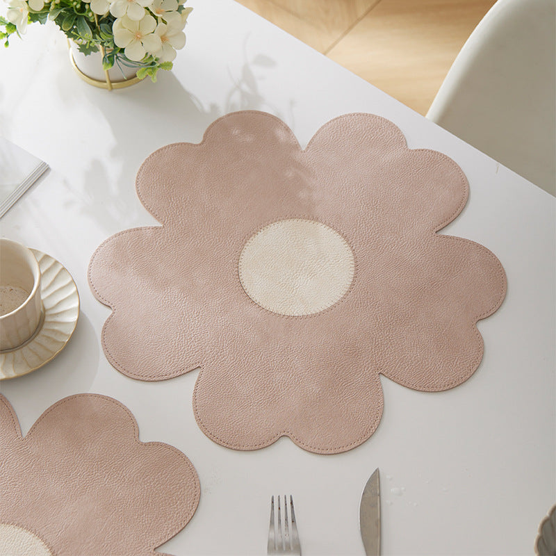 Blue Background With White Heart + Blue Background Set of 6 Reversible Flower Shaped Placemats - Waterproof PU Leather Dining Table Mats