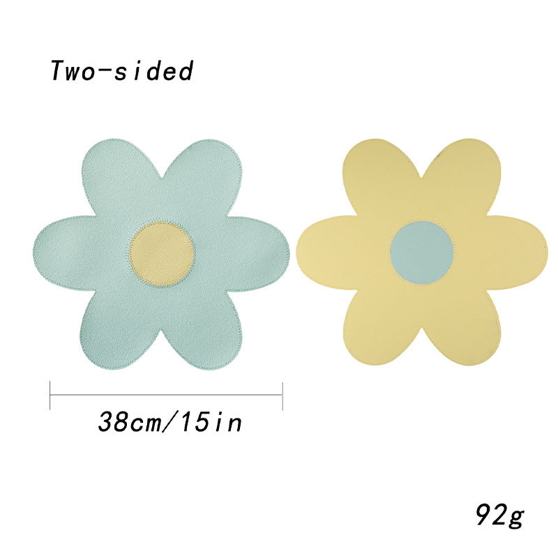 Blue Background With Yellow Heart + Yellow Background With Blue Heart Set of 6 Reversible Flower Shaped Placemats - Waterproof PU Leather Dining Table Mats