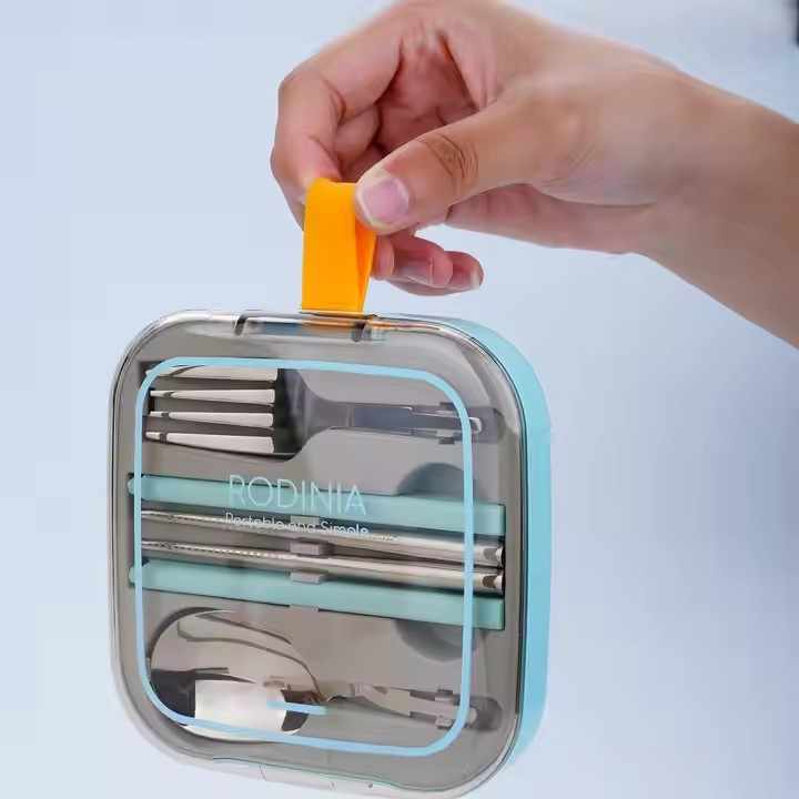 2 Sets Blue And Grey Portable Stainless Steel Cutlery Set -  Reusable Utensils (2 Fork, 2 Spoon, 2 pairs of Chopsticks) with Compact Travel Case