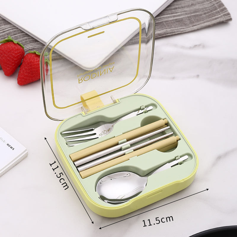 2 Sets Green Portable Stainless Steel Cutlery Set -  Reusable Utensils (2 Fork, 2 Spoon, 2 pairs of Chopsticks) with Compact Travel Case