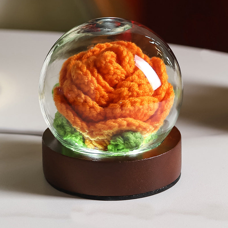 Orange Rose Handcrafted Crochet Flower LED Night Light - USB Rechargeable Glass Dome Lamp with Wood Base, 3 Color Modes