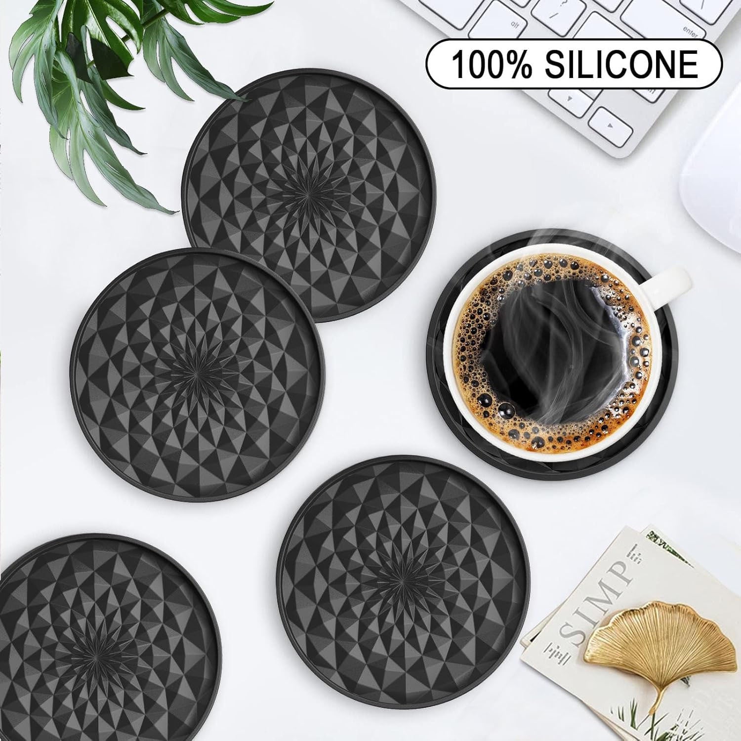 Green and Black Geometric Silicone Drink Coasters Set (6 Pack) with Holder - Non-Slip Table Protectors