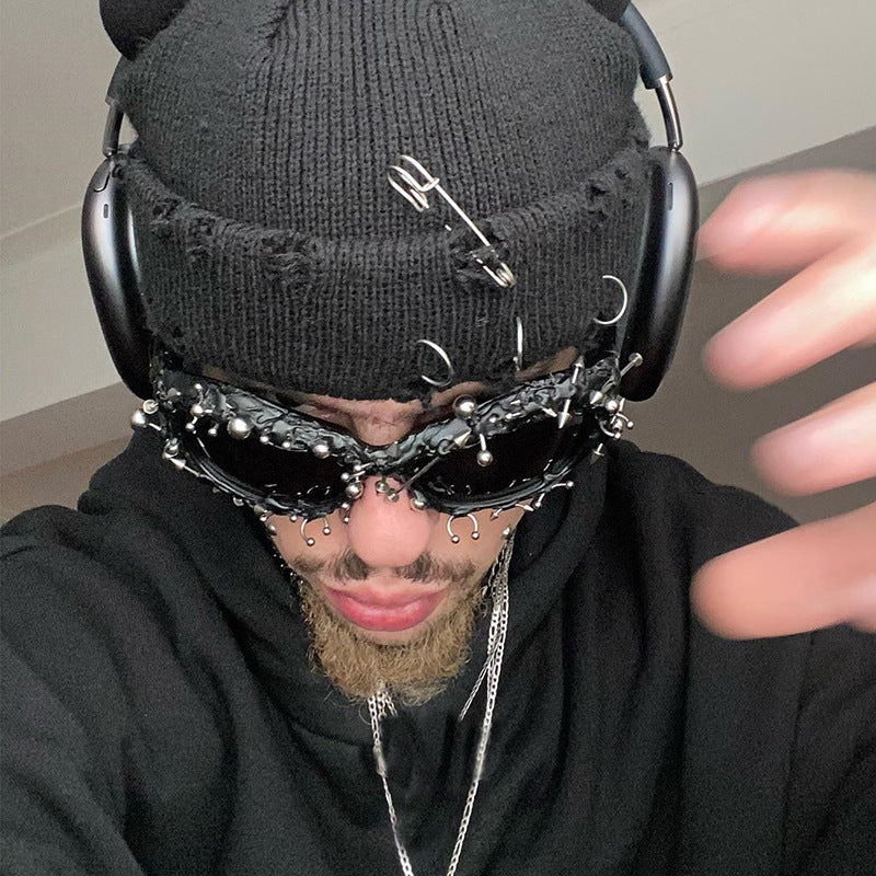Green Edgy Punk Rock Spiked Sunglasses - Statement Goth Studded Eyewear