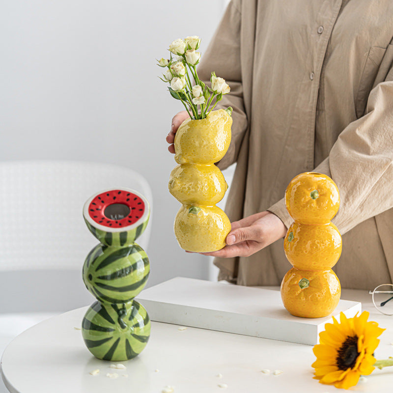 Orange Whimsical Stacked Orange Ceramic Vase - Modern Nordic Tabletop Decor