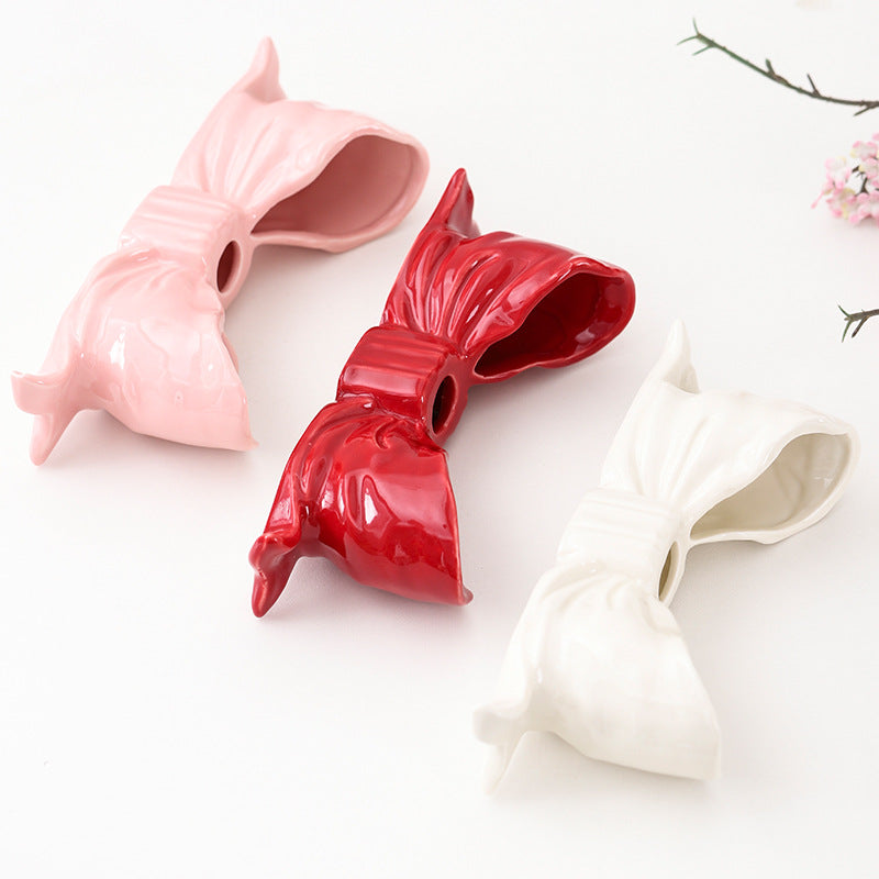 Pink Elegant Ceramic Bow Taper Candle Holder - Stylish Tabletop Decor Accent